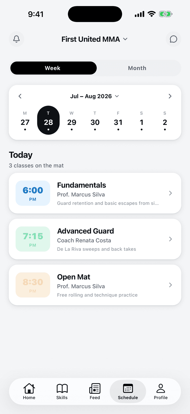 The weekly schedule in the Forma app, showing three classes on the mat today.