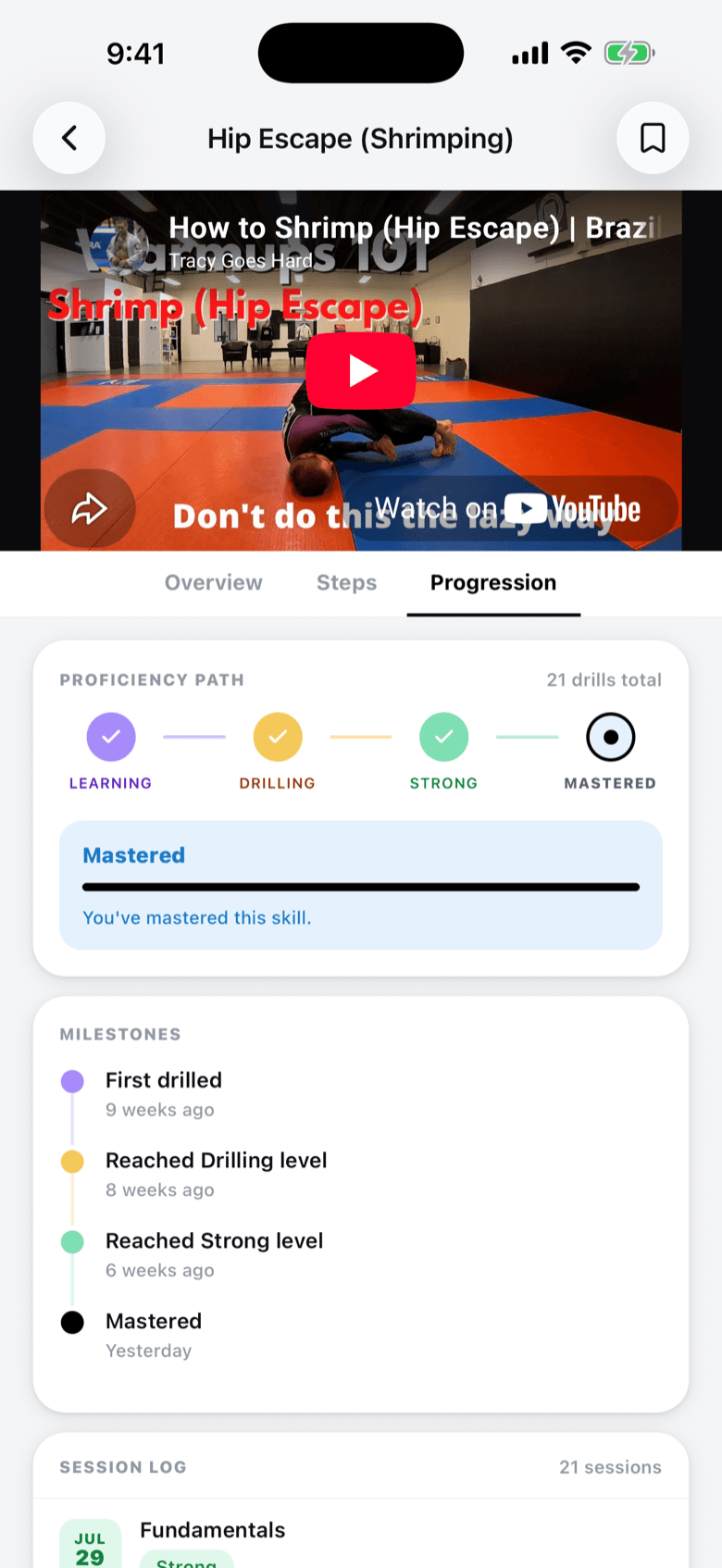 The member's own view of one of those techniques: a Learning → Drilling → Strong → Mastered path, 21 drills total, milestone dates for each stage, and a session log of all 21 sessions.
