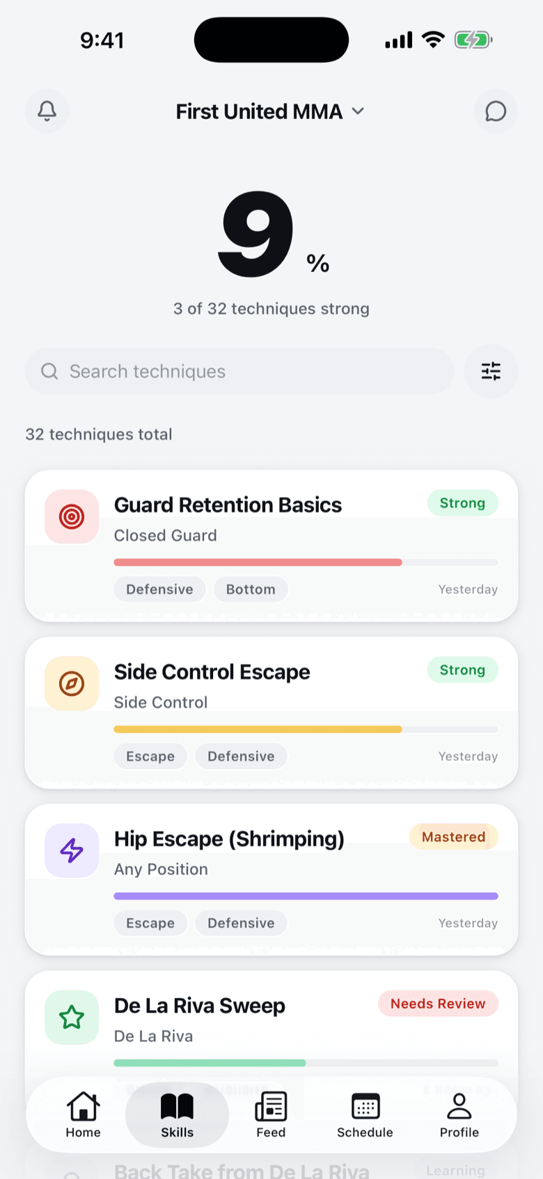 The technique library in the Forma app: 32 techniques, 3 of them at Strong or better, with a stage and a last-drilled date on each.